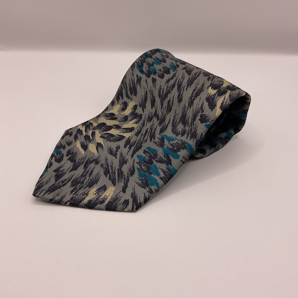 Paco Rabanne Hand Made in Italy 100% Silk Retro Vintage Gray/Black/Teal 3.5 Wide